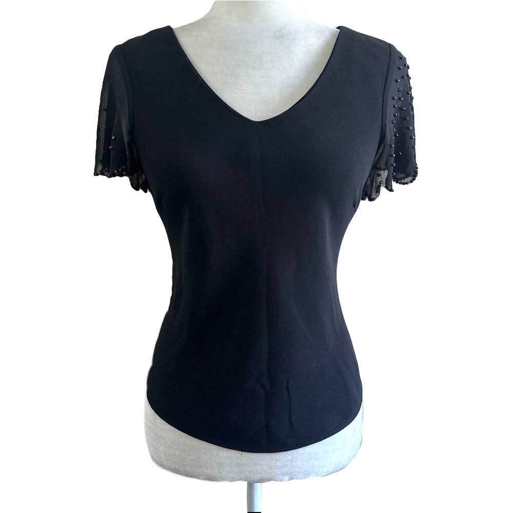 S. L. Fashions Black Vtg Y2K Beaded Short-sleeved Gothic Evening Top